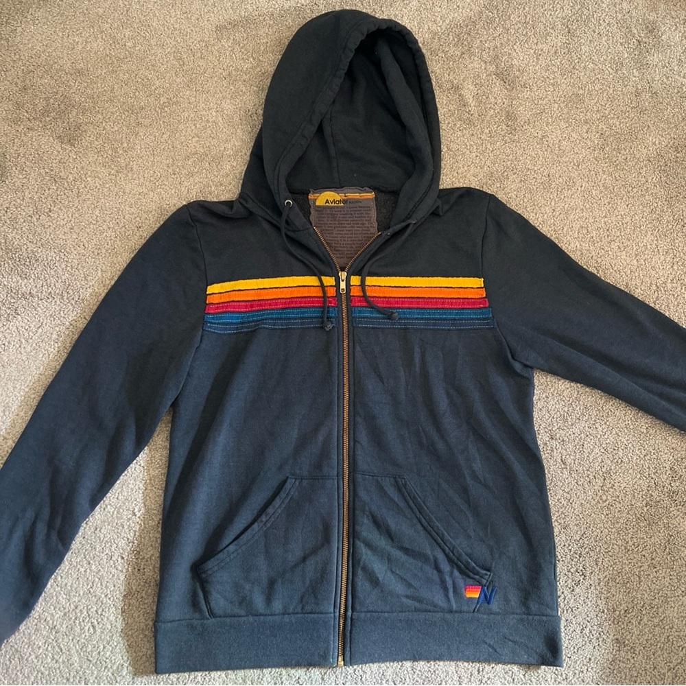 Aviator Nation Black Full Zip Hoodie Large Five Rainbow Stripes Pockets Unisex
